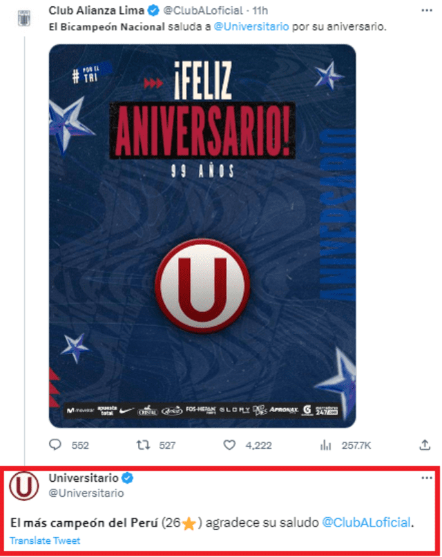 Universitario responde al saludo de Alianza Lima. <strong>Foto: Twitter</strong>   