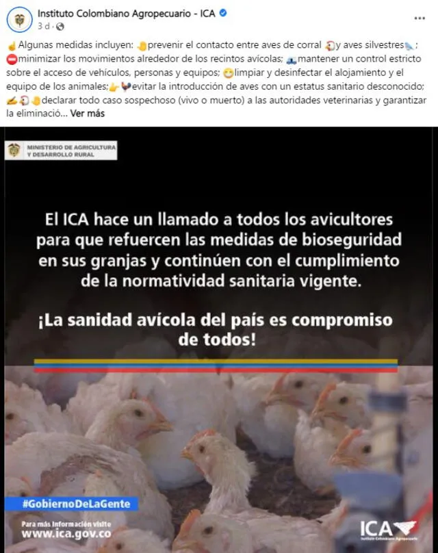 La ICA señaló que se debe declarar todo caso sospechoso a las autoridades veterinarias. Foto: captura Instituto Colombiano Agropecuario/ Facebook