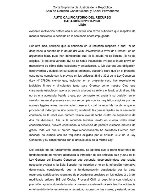 La Corte Suprema admitió la casación de Universitario. Foto: Twitter Franco Velazco Imparato
