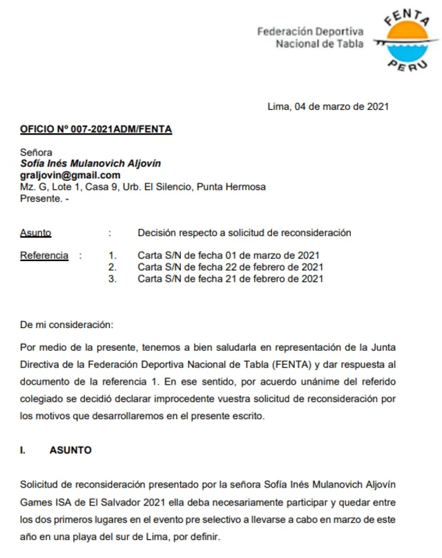 Documento de la Federación Peruana de Surf sobre reclamo de Sofía Mulanovich.