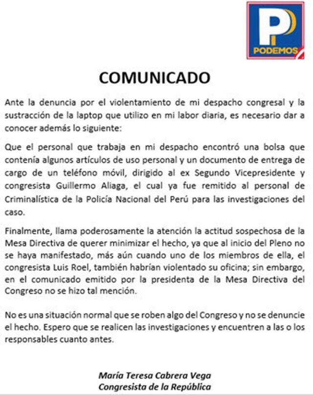 Cabrera sobre robo de laptop: Se encontró documento dirigido a Guillermo Aliaga