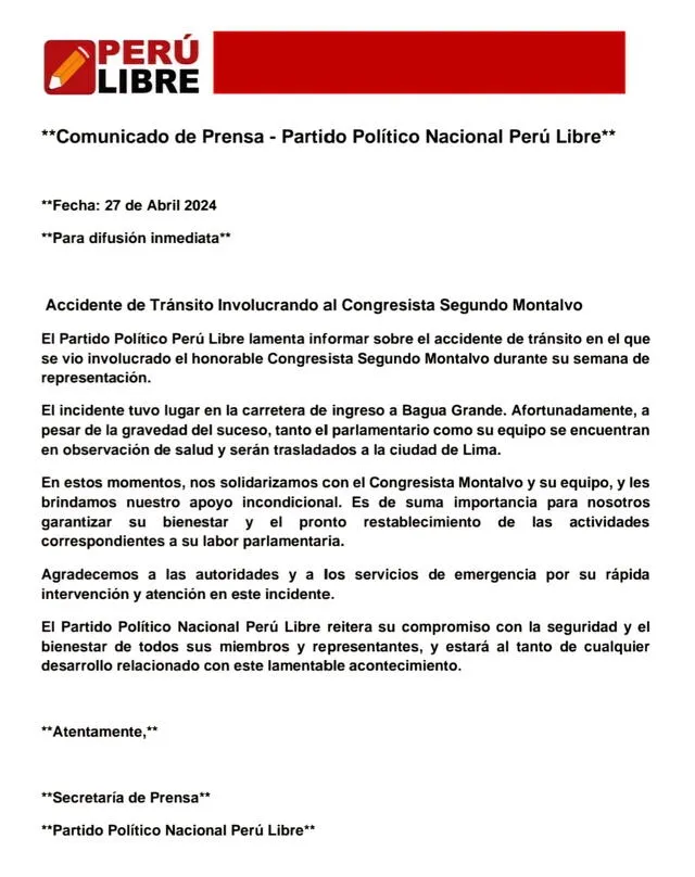 Congresista será trasladado a Lima. Foto: Perú Libre/X   