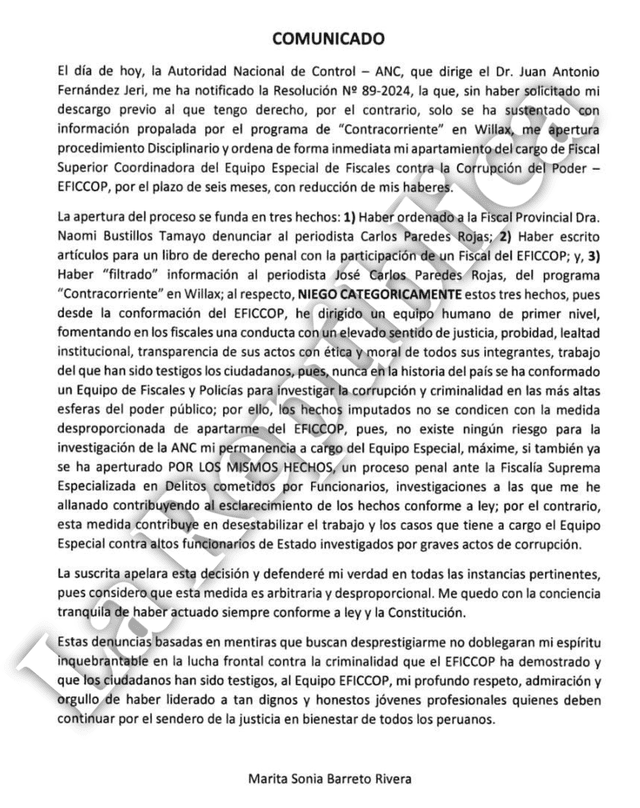  Comunicado de Marita Barreto tras suspensión por parte de la ANC.   