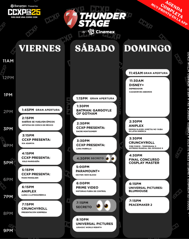 Programación de Thunder Stage. Foto: CCXP México 2025. Programación de Thunder Stage. Foto: CCXP México 2025.