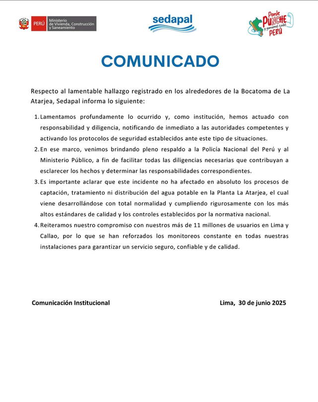  Comunicado oficial de Sedapal. Foto: Sedapal   
