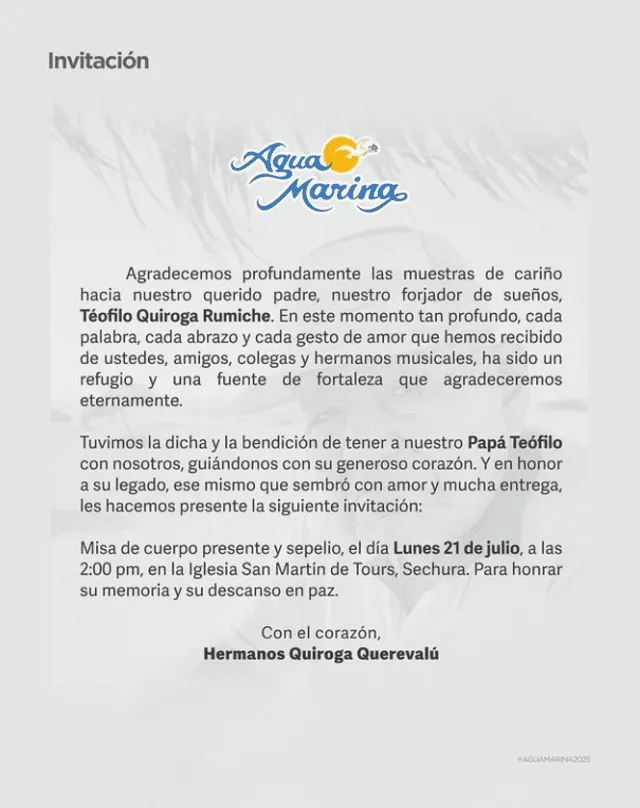 Comunicado de Agua Marina. Foto: Instagram Comunicado de Agua Marina. Foto: Instagram