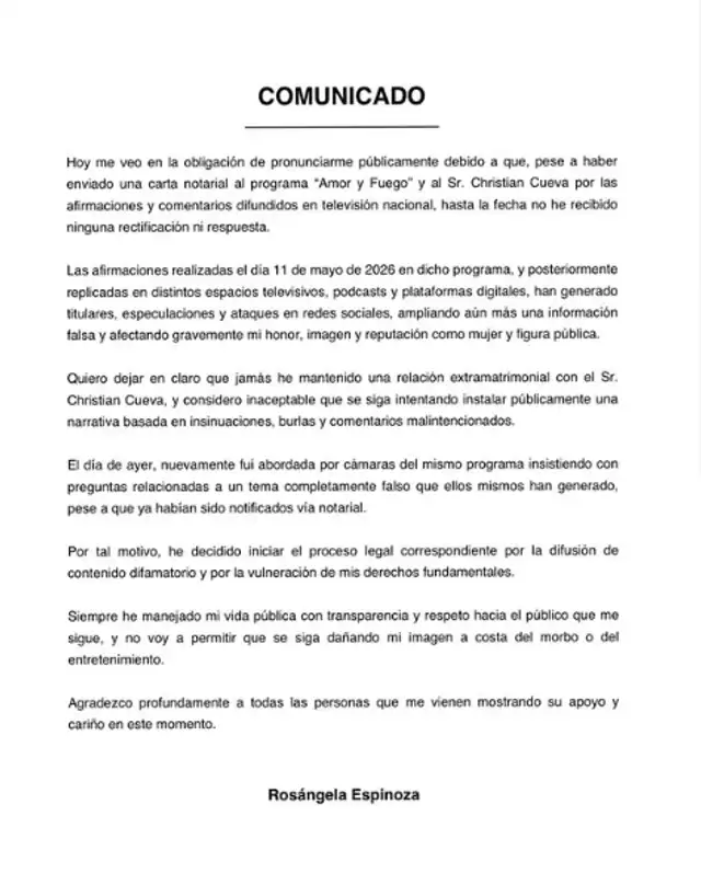 Comunicado de Rosángela Espinoza aclarando su vínculo con Christian Cueva. Foto: Instagram.  
