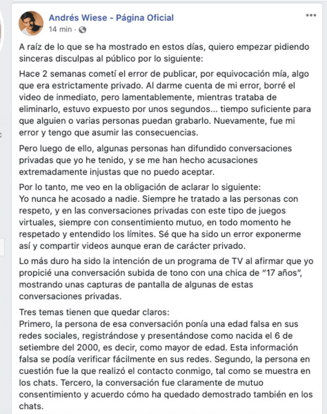 Andrés Wiese dejó un extenso mensaje en Facebook tras la polémica de acoso sexual por dos mujeres.
