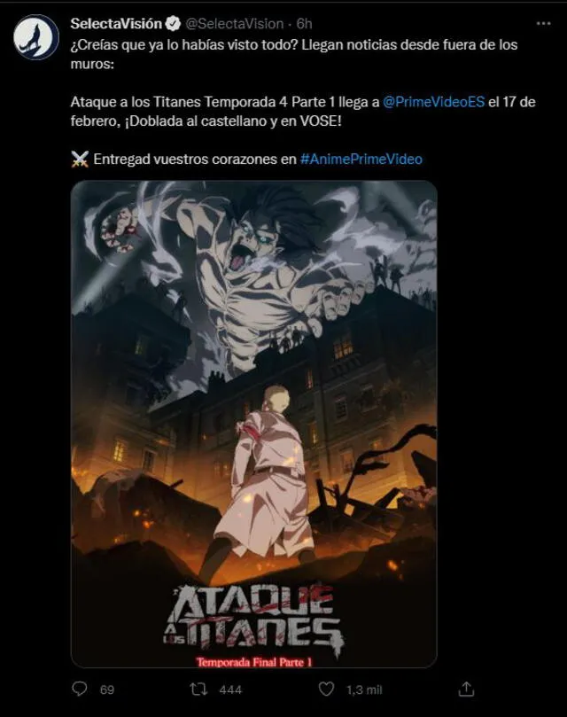 Attack on Titan: final season llegará a Amazon Prime Video. Foto: captura Twitter @SelectaVision