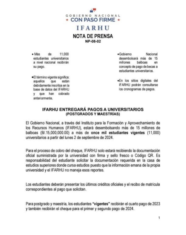 Comunicado del Ifarhu sobre los pagos. Foto: Ifarhu   