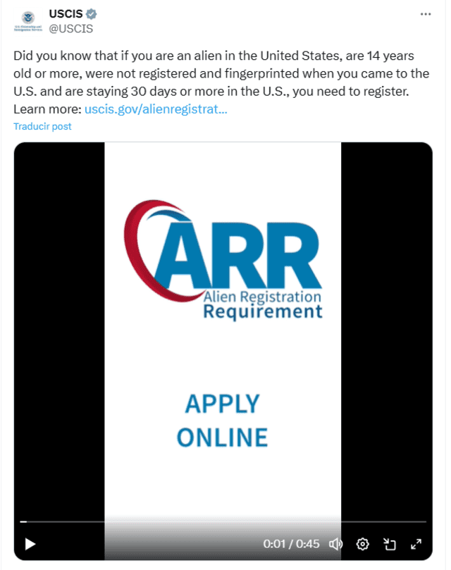 Este es recordatorio que USCIS emitió acerca del registro nacional de inmigrantes. Foto: X @USCIS   