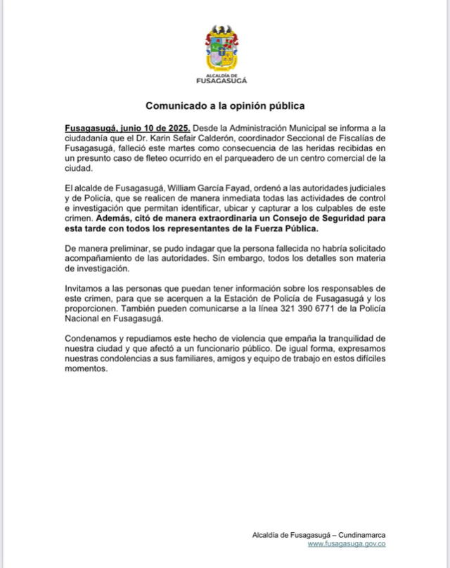  La entidad confirmó que se encuentran en la etapa de investigación de los hechos. Foto: Alcaldía de Fusagasugá<br>    