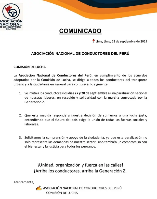 Comunicado de la Asociación Nacional de Conductores del Perú. Comunicado de la Asociación Nacional de Conductores del Perú.