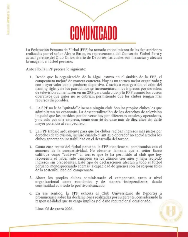 Comunicado de la FPF. Foto: X/FPF.   