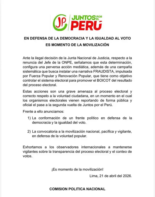 Comunicado de Juntos por el Perú.
