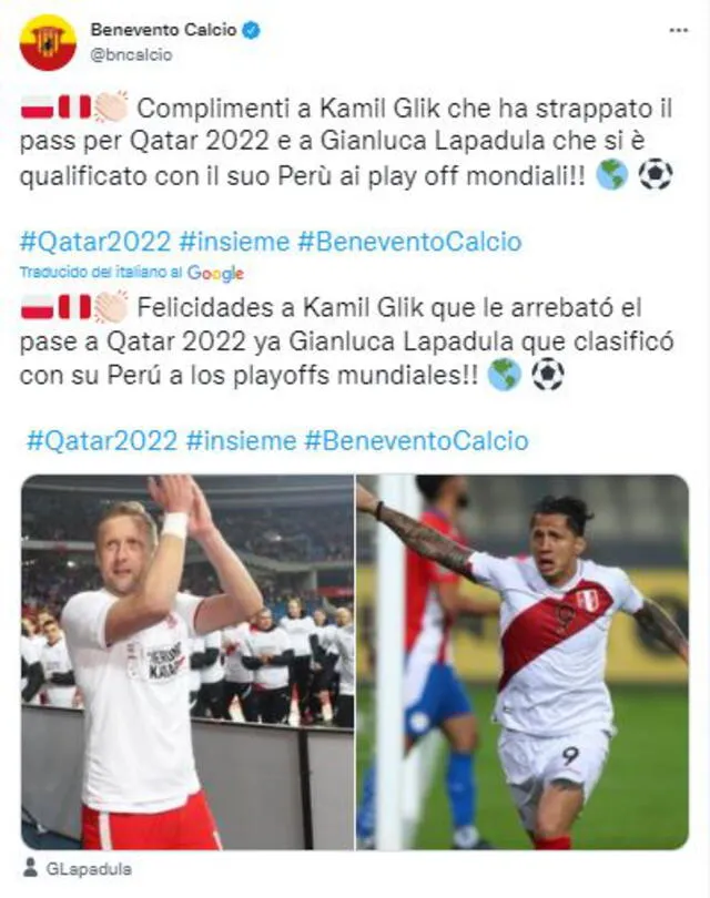 Benevento felicitó a Gianluca Lapadula tras alcanzar el repechaje rumbo a Qatar 2022