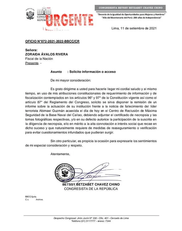 Documento que envió Betssy Chávez a Fiscalía.