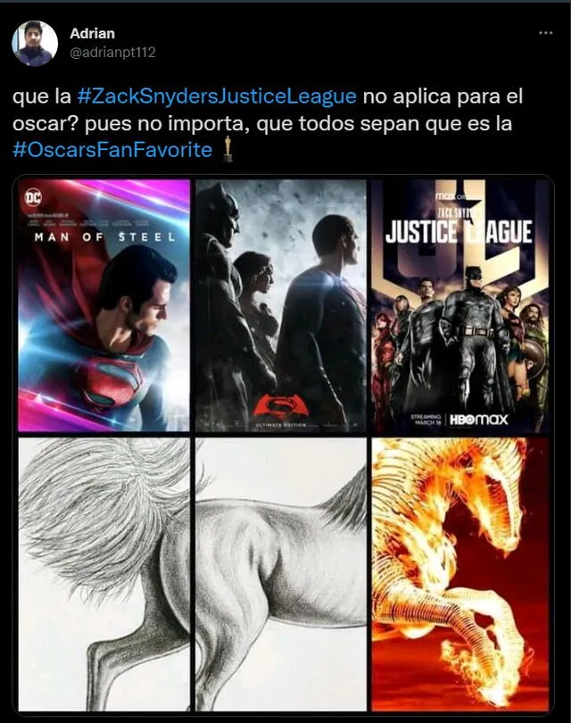 Fans reaccionan a que La liga de la justicia de Zack Snyder no es elegible a los Oscars fan-favorite. Foto: captura de Twitter
