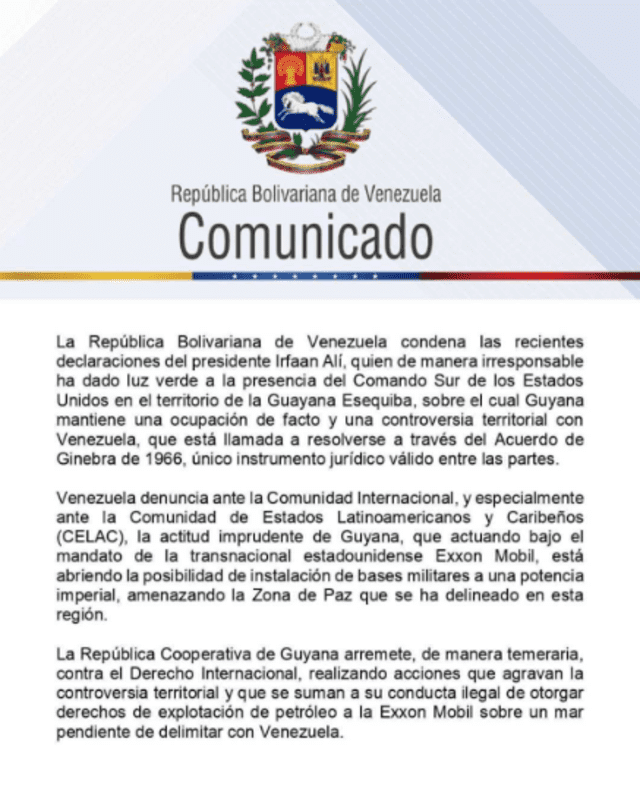 Esequibo | Guayana | Gobierno de Nicolás Maduro rechaza las declaraciones del presidente de Guyana que pidió la presencia del Comando Sur | Venezuela | Nicolás Maduro | De quién es el Esequibo | disputa del Esequibo | guerra entre Venezuela y Guyana | Canal Patria Digital | Telegram