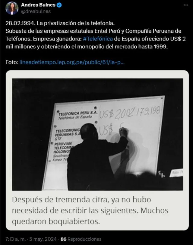 Subasta de las empresas estatales Entel Perú y Compañía Peruana de Teléfonos. Foto: Twitter Andrea Bulnes.   
