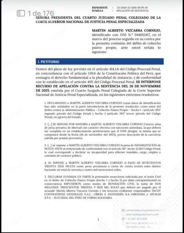 Martín Vizcarra presentó apelación contra su sentencia de 14 años de prisión. Foto: difusión   