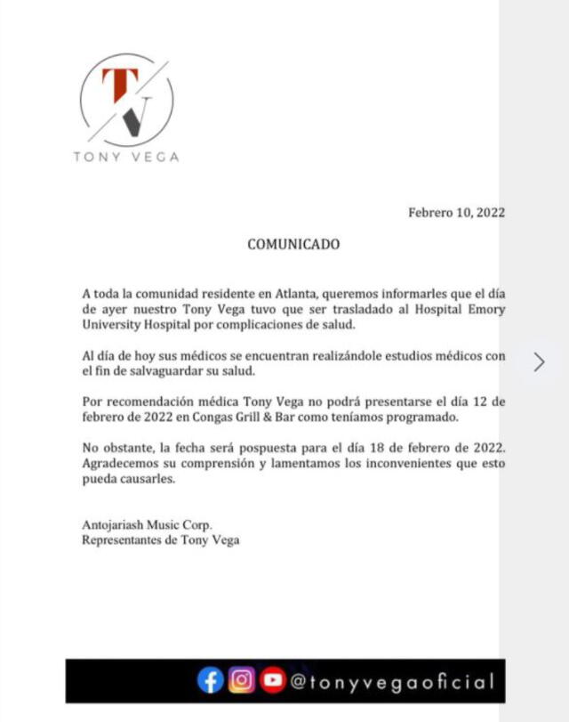 Comunicado de Tony Vega. Foto: captura/Facebook