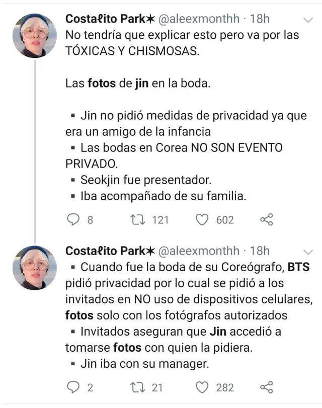 Una ARMY explica porque la difusión de las fotos de Jin en la boda de su amigo no invade su privacidad. Crédito: captura Twitter