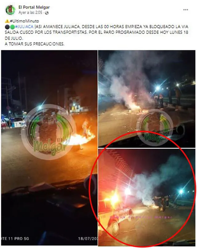 Publicación sobre el bloqueo por el paro de transportistas. Foto: captura en Facebook / El Portal Melgar.