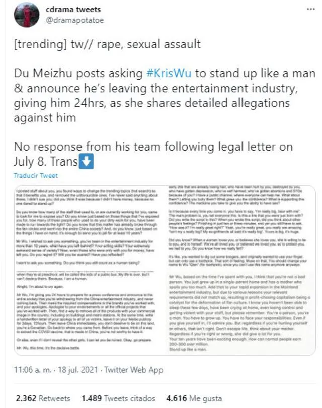 Du Meizhu invoca a Kris Wu a pronunciarse y asumir las acusaciones contra él. Foto: captura Twitter