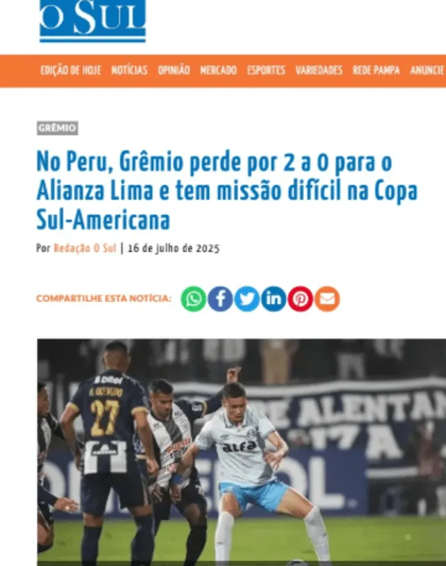 La página web resalta lo complicado que será remontar el partido. Foto: O Sul La página web resalta lo complicado que será remontar el partido. Foto: O Sul