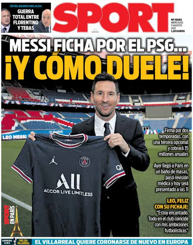 Portada del diario Sport de España tras presentación de Lionel Messi en PSG