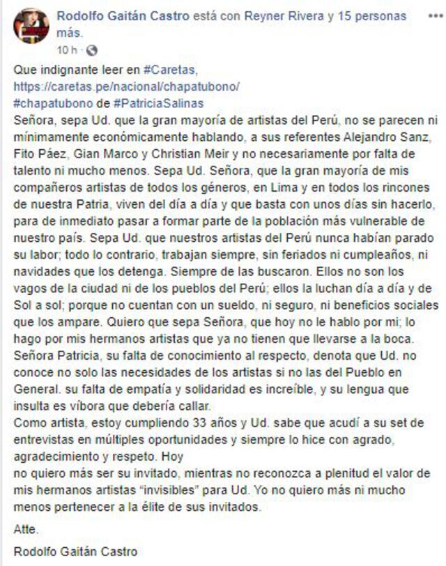 Rodolfo Gaitán Castro responde a críticas por bono de 380 soles para artistas.