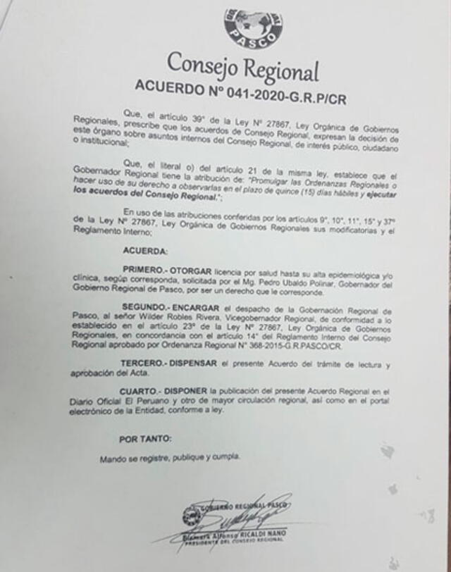 Consejo Regional acuerda dar licencia a Pedro Ubaldo Polinar. Foto: Consejo Regional