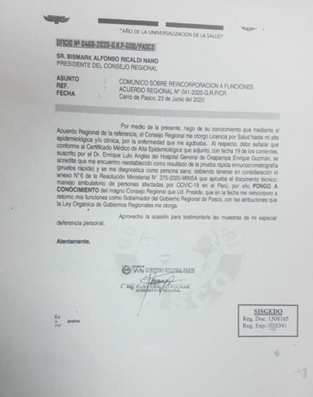 Pedro Ubaldo Apolinar pide su reicorporación al Consejo Regional. Foto: documento oficial
