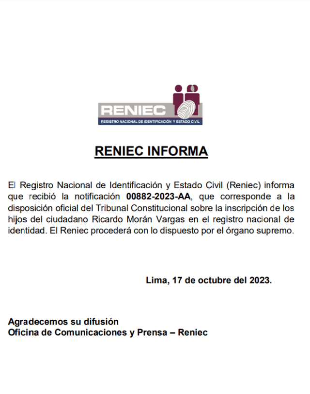 Comunicado de prensa de Reniec. Foto: Reniec   