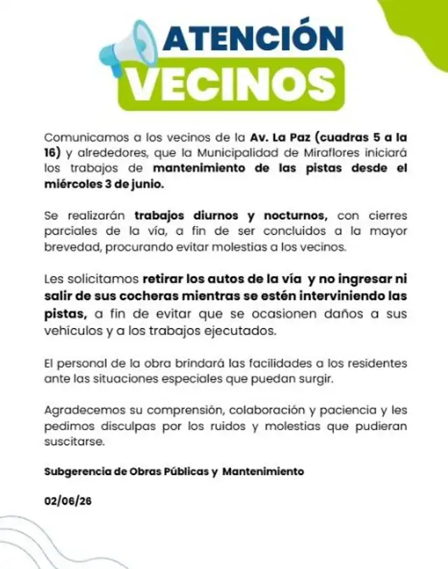 Comunicado de la Municipalidad de Miraflores Comunicado de la Municipalidad de Miraflores