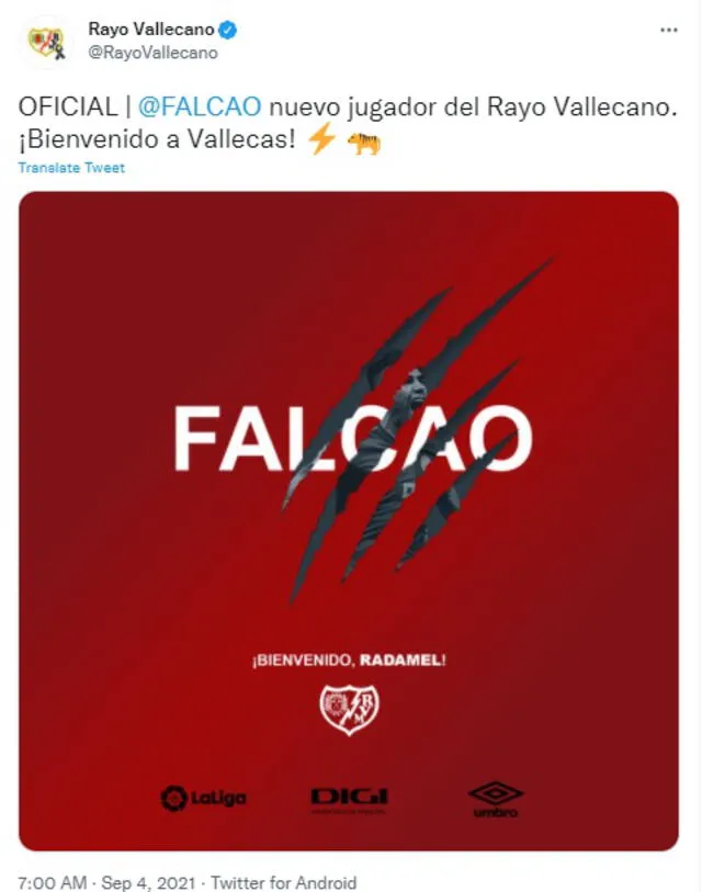 Rayo Vallecano oficializa fichaje de Radamel Falcao. Foto: Rayo Vallecano