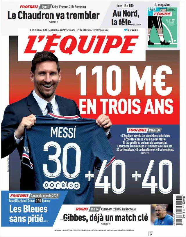 Portada de L'Equipe sobre el supuesto salario de Lionel Messi. Foto: captura L'Equipe