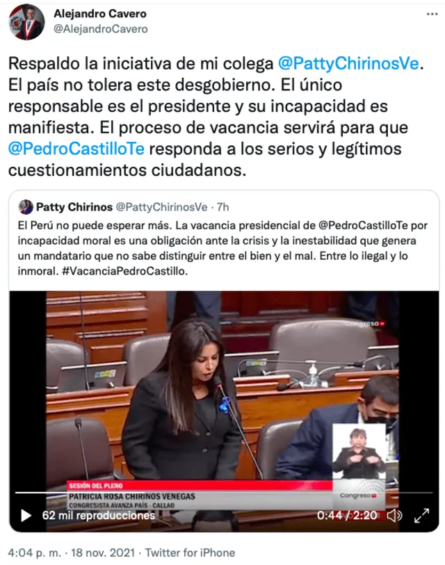 Tuit del congresista Alejandro Cavero