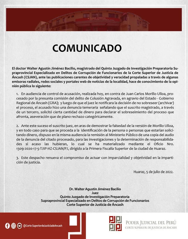 Comunicado de la Corte Superior de Justicia de Áncash