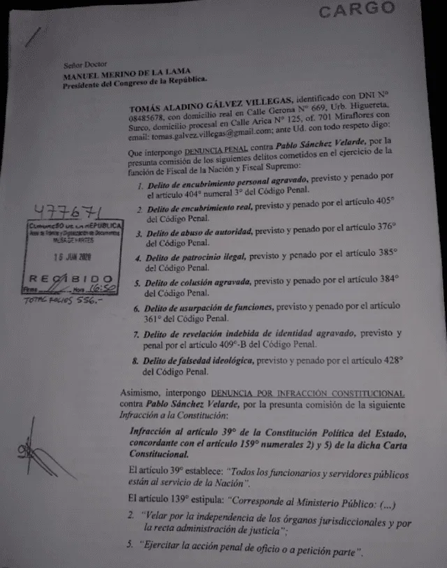 Documento enviado por Gálvez al Congreso.