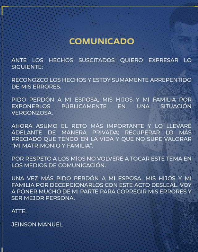 Cantante Jeinson Manuel pide perdón a su esposa. Foto: Instagram/Jeinson Manuel    