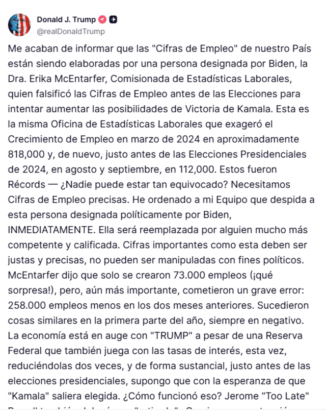 Trump usó su Truth Social para denunciar los supuestos actos de la economista. Foto: Truth Social.   