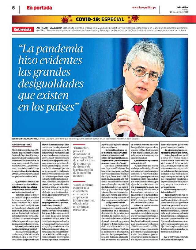 Entrevista al economista argentino Alfredo F. Calcagno, publicada en la página 6 de la edición del 23 de abril del 2020. Foto: Captura.