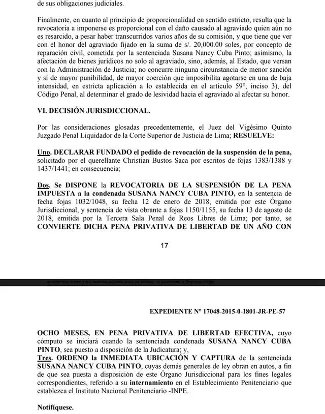 Resolución en contra de Susana Cuba. Foto: difusión   