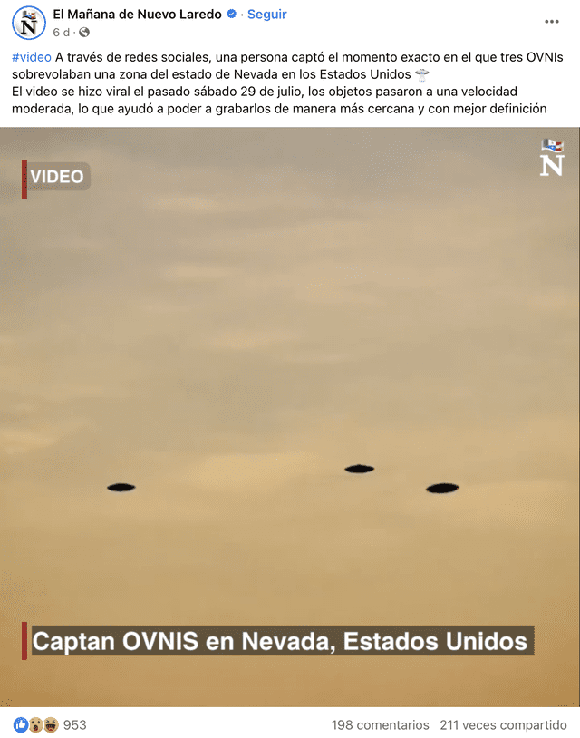 Publicación viral afirma que una persona grabó "ovnis en Nevada, Estados Unidos". Foto: captura de Facebook   