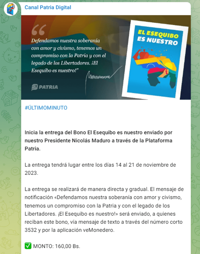 El Primer Bono Especial de este mes llegó el 14 de noviembre. Foto: Canal Patria Digital/Telegram