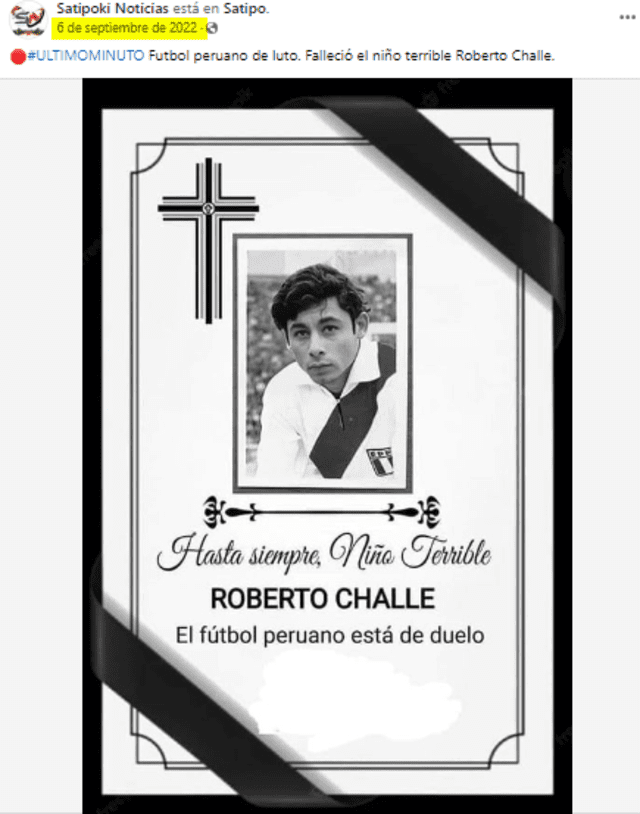  Tarjeta falsa que desinforma sobre Roberto Chale circula desde el 2022. Foto: captura en Facebook. 
