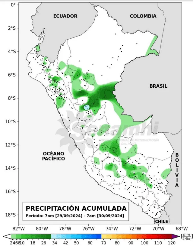 Este es el mapa de zonas con gran propagación de lluvias. Foto: Senamhi   