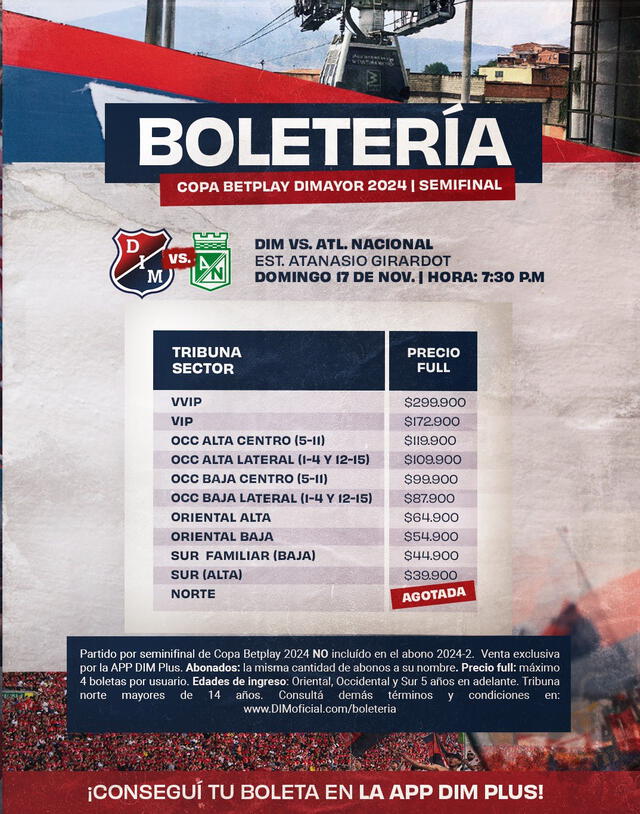 Precios de las boletas para Medellín vs Atlético Nacional. Foto: DIM   